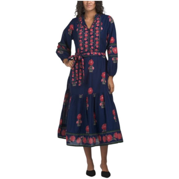 LEA Long Sleeve Floral Border Maxi Dress With Belt - Picture 1 of 3